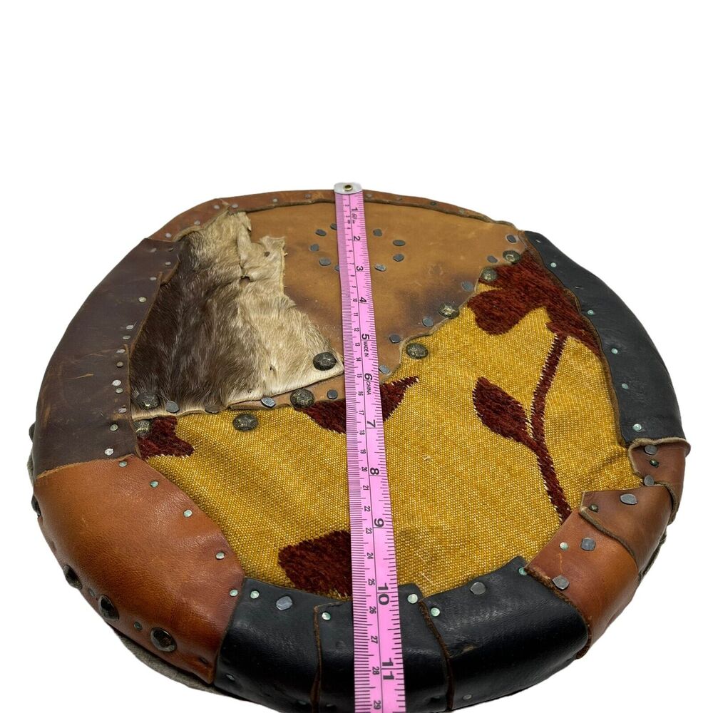 VIking Shield Hand Made Round Covered in Leather, Fabric, Calf Skin, Nail Detail - Picture 8 of 10